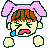 Pixel art contact sheet of four animated frames showing a crying character with pink hair bows, brown bangs, and blue tears against gray background.