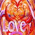 A pixelated image shows a heart-shaped figure with a red bow on top, surrounded by warm orange and red tones, with the word "LOVE" in white letters below.
