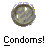 Two pixelated circular icons with 'Condoms!' text below, one with a red prohibition symbol over it.