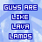 Pixel art image with blue text blocks, a lava lamp, and a character against a light blue background.