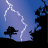 Static pixel art of a lightning bolt striking downward against a blue gradient sky, with dark silhouettes of trees and terrain below.