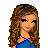 Pixel art contact sheet showing a female character with long curly brown hair in various poses and outfits, including blue top and white pants with blue stripes, alongside text labels 'LiL', 'Shorty', and 'Sporty' on a gray background.