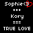 Two side-by-side pixel art displays show identical text and symbols with a red heart symbol replacing the right parenthesis in 'Sophie<3' on the left.