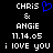Pixelated text and symbols on black background with blue heart symbol above 'CHRIS' in white block letters.