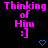 Pixelated text and symbols on a black background with a gray bottom-right corner, showing repeated 'Thinking of Him :] ' text and blue heart/arrow shapes changing across frames.
