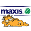 Animated orange cat with white chest and paws lies on side, eyes closed; red 'HE!' text appears in some frames. Blue 'maxis.' text and green circular logo repeat horizontally above.
