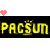 Yellow text reading PACSUM repeated three times on black background with pink pixel hearts scattered across white border.