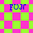 Blue text 'FUR' appears on four distinct background patterns: pink-green checkerboard, rotated pink-green diamond , and two variations of the same pattern