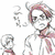 Pixelated anime-style character illustrations arranged in a with text overlays, featuring multiple figures and sketchy line art elements