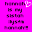 Pixelated text on bright pink background with a white heart symbol replacing the 'o' in 'hannah', repeated twice side-by-side.