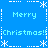 Pixelated blue background with repeated 'Merry Christmas!!' text and white snowflake borders in a static