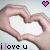 Four show hands forming a heart shape with text "i love u" and pixelated hearts changing color