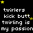 Pixelated text repeats 'twirlers kick butt twirling is my passion' across a black background with scattered yellow and brown stars.