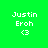 Green background with white text 'Justin Eroh' and '<3', featuring a purple gradient overlay on the bottom-left quadrant.
