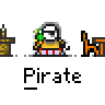 Animated contact sheet of a pirate-themed buddy icon with multiple frames showing character expressions, text bubbles, and animation changes including a parrot appearance and motion effects.