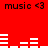 Red background with white audio equalizer bars and repeated "music <3" text in black pixelated font across top, middle, and bottom sections.