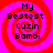 Four identical red and pink spiral patterns with black text reading 'My Bestest Cuzin Bambi' arranged in a on a solid background