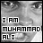 Black-and-white pixelated image of a person's face with bold text reading "I AM MUHAMMAD ALI" in three lines.