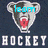 Pixelated bear head with red mouth and blue text overlays on dark background, repeated in with 'HOCKEY' text below