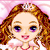 Pixelated cartoon-style icon of a figure with long brown hair, purple eyes, and a pink mouth against a pink background.
