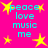 Bright pink background with yellow star shapes and cyan text reading "peace love music me" arranged in four identical quadrants.