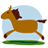 Pixelated brown horse in mid-gallop against light blue background with green ground strip, static image.