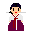 Pixel art character in traditional Korean hanbok with white top, red sash, and purple skirt; two poses show arms at sides or crossed over chest.