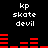 Black background with white text 'kp skate devil' repeated in four positions and red horizontal bar graphs above and below the text.