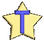 Animated sequence of a golden star with blue 'T' symbol rotating through multiple angles against gray background.