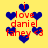 Yellow background with blue heart shapes and red text reading 'i love daniel fahey <3' in pixelated font.