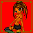 Pixel art contact sheet showing a cartoon character and text on red background with green border.