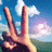 A pixelated hand making a peace sign against a blue sky with white clouds and green landscape below.