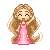 Pixel art of a girl with long curly blonde hair in a pink dress, showing four sequential poses where her right hand moves from near her face to resting on her shoulder.