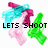 Pixelated image of three guns with text reading LETS SHOOT, then GESU, then AKA gesEwwwww!