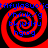 Four identical red and black spiral patterns with blue text overlays arranged in a on a solid background