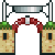 Pixelated of repeated stone blocks with green tops and black eyes, each under a red-and-white archway with changing text above