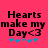 Pixelated text 'Hearts make my Day<3' on bright pink background with blue and purple star-like symbols below.