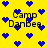 Yellow background with blue pixelated hearts and black text reading "Camp Danbee" in multiple positions.