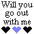 Animated contact sheet of six frames showing text "Will you go out with me" paired with alternating black and blue pixel hearts in a 3x2 grid layout.