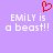 Purple background with white pixelated text reading 'EMILY is a beast!!' and a red heart symbol above the text.