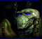 Pixelated green-skinned character with blue eyes and brown shoulder armor in a dark background.