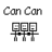 Four identical display 'Can Can' text above three pixelated figures with square heads and black dots for eyes, each figure's lower body alternates between straight legs and bent legs