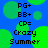 Blue background with green circular shapes and repeated text elements including 'PG+', 'BB+', 'CP=', 'Crazy Summer' in black pixelated font.