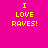 Four square display yellow pixelated text "I LOVE RAVES!" on solid backgrounds of pink, purple, cyan, and blue