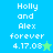 Pixelated text 'Holly and Alex forever 4.17.08' appears on two color backgrounds with a star symbol, one blue-green and the other green-cyan.