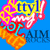Pixelated graphic with vibrant colors featuring stylized text elements and abstract shapes on a blue background.