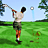 Pixelated golfing figure in mid-swing on green field with trees and sky background, holding club near head.