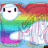 Pixelated cartoon character with white face and black eyes stands against rainbow gradient background, wearing blue top and pink pants.