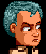 Pixelated character head with teal hair and orange skin in three side-by-side showing sequential facial expression changes