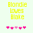 Yellow pixelated text "Blondie loves Blake" above pink heart symbols on a light background.